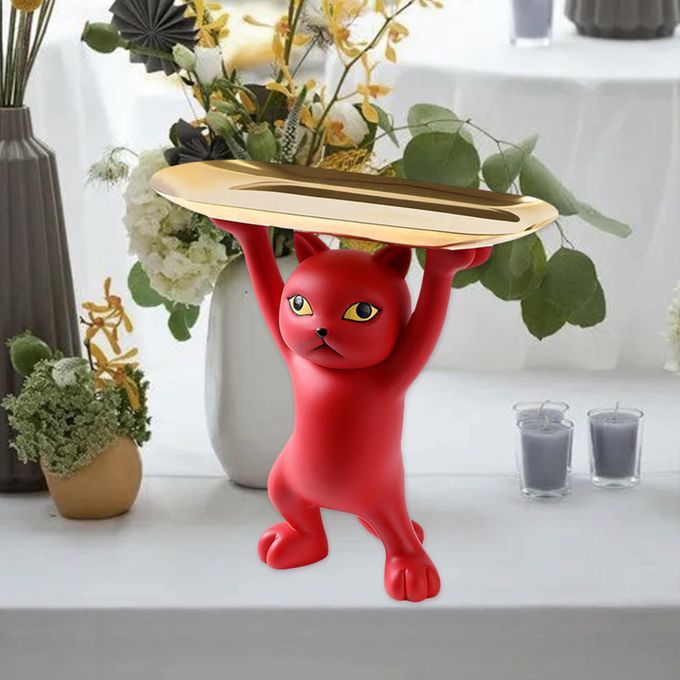 Cat Statue Item Placement Holder Desktop Figurine Ornaments Gift Red