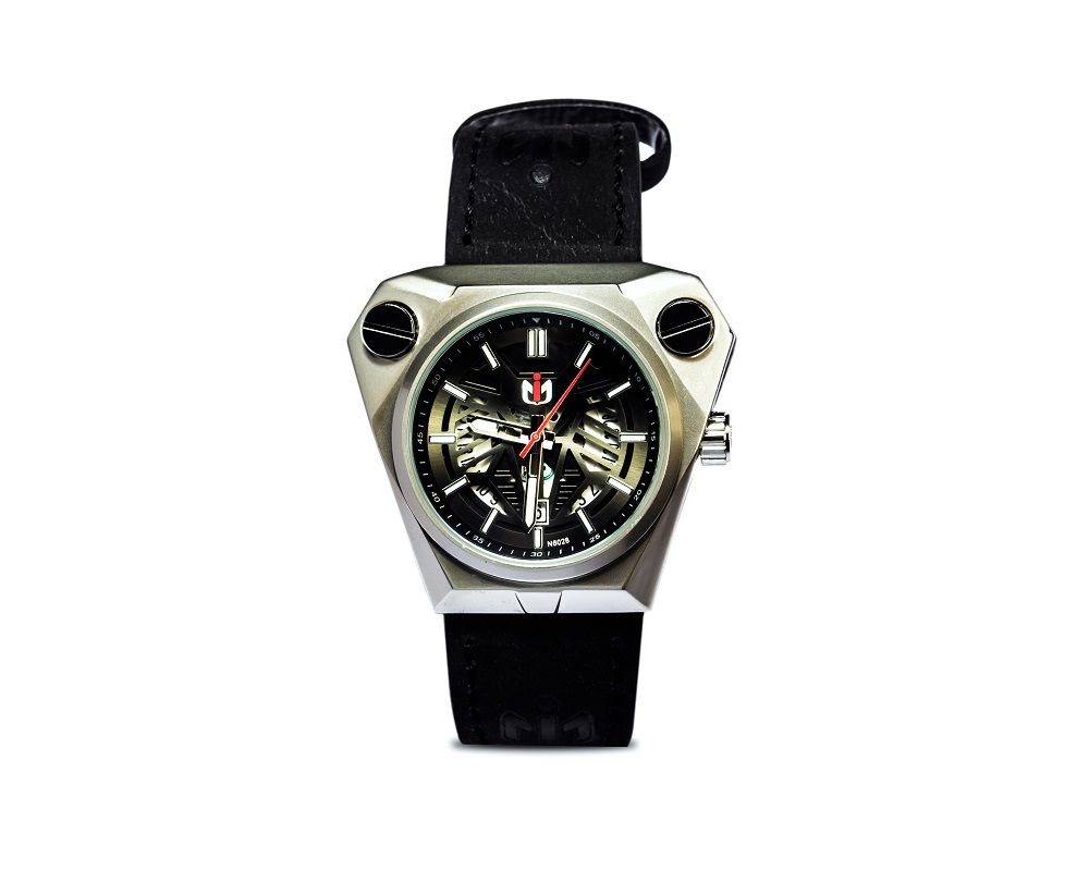 Black Leather  Vee Face Silver Chrome Calendar Men Wristwatch  By Neo Picre