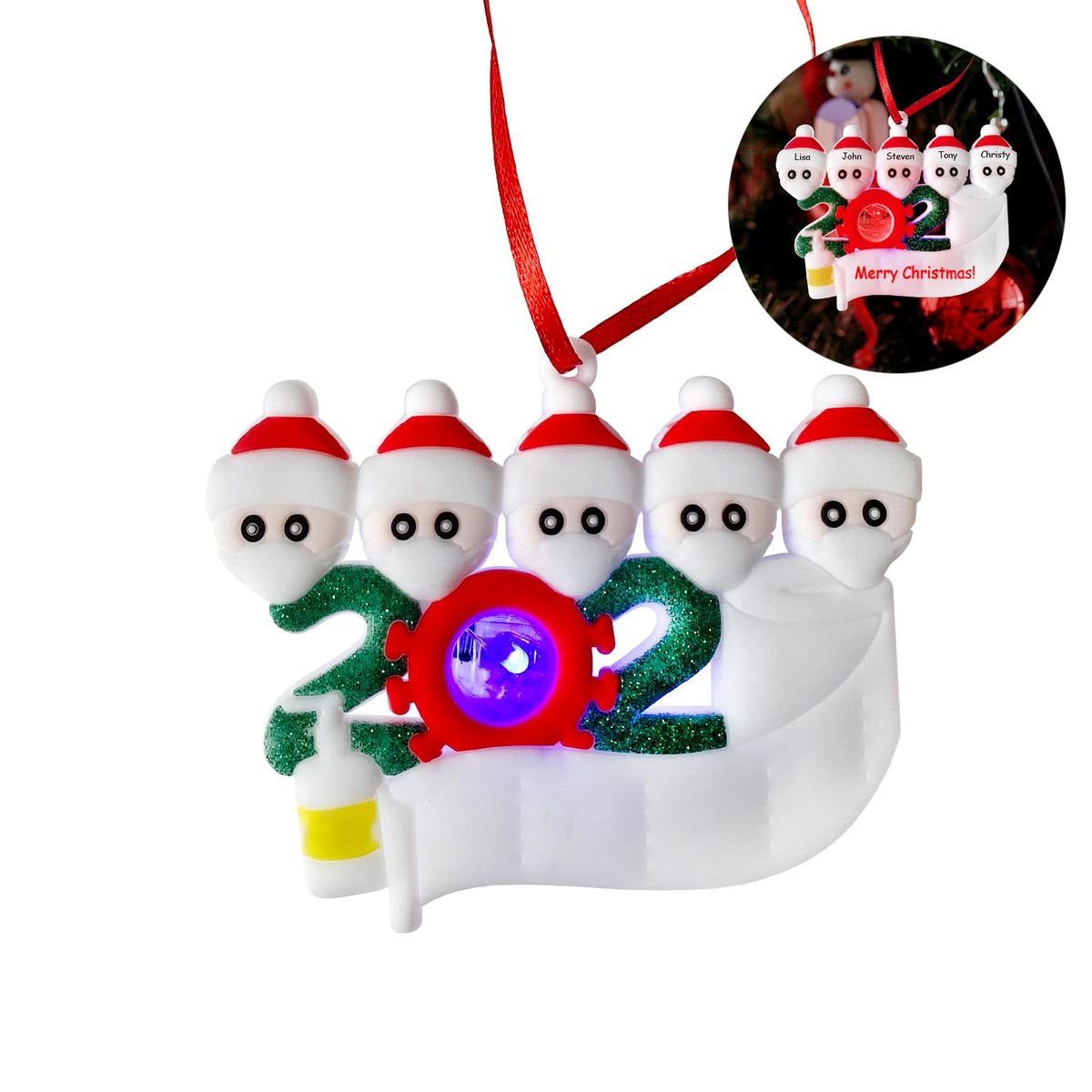 Christmas Tree Name Ornament with Flashing Light 2020 Christmas Ornament Personalized 2-5 Family Members Name Christmas Decorations