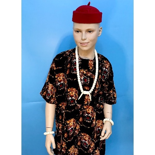 Children Boys Igbo Cultural Wear Set - White Beads+Cap And Velvet Isiagwu- Black