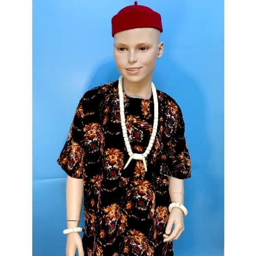 Children Boys Igbo Cultural Wear Set - White Beads+Cap And Velvet Isiagwu- Black