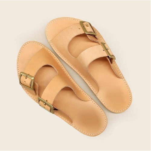 Realwon Classic Brown Buckled Leather Slippers