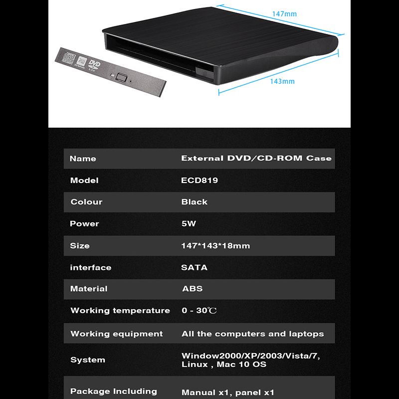 USB3.0 SATA External DVD Enclosure Hard Plastic Case For Laptop Notebook 12.7Mm CD-ROM Case Without Optical Drive