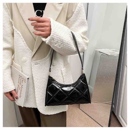 Artificial Patent Leather Quilted Baguette Bag