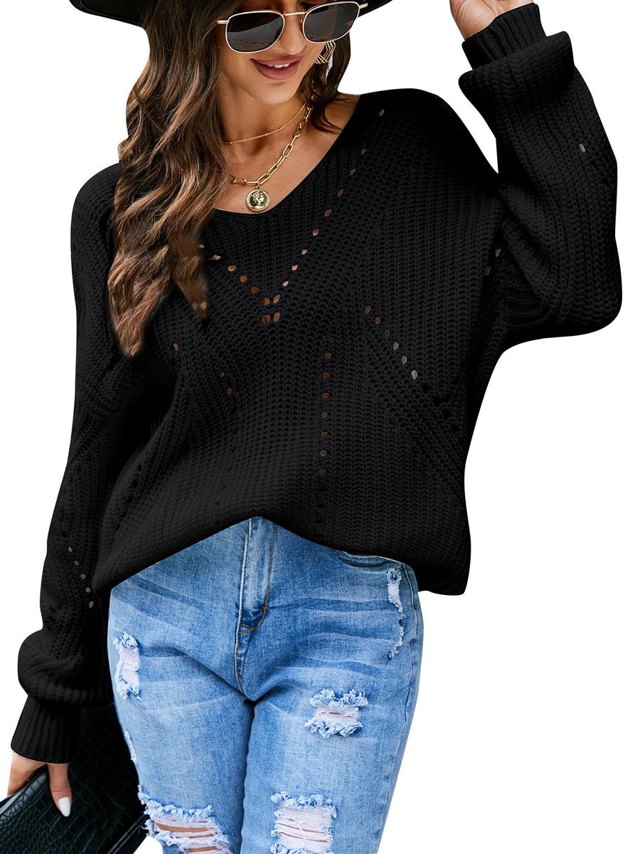 Women Knitted Pullovers V Neck Hollow out Long Sleeve Casual Knitted Sweaters