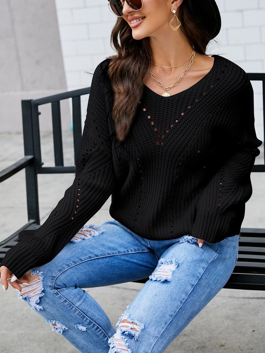 Women Knitted Pullovers V Neck Hollow out Long Sleeve Casual Knitted Sweaters