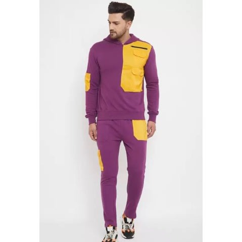 Color Blocked Slim-fit Hooded -tracksuit -purple & Yellow