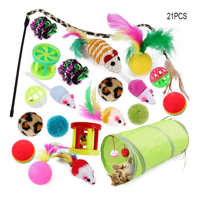 21pcs Cat Toy Two-way Tunnel Fish Interactive Feather Pusher Fluffy Rat Colorful