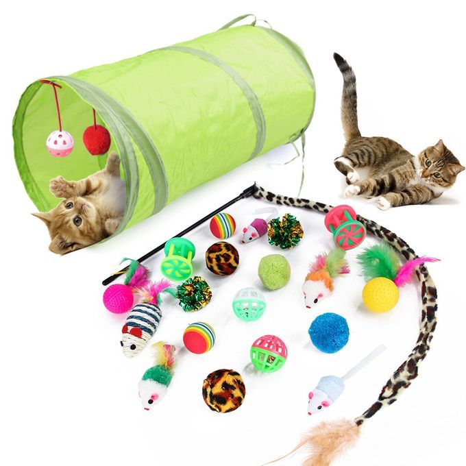 21pcs Cat Toy Two-way Tunnel Fish Interactive Feather Pusher Fluffy Rat Colorful