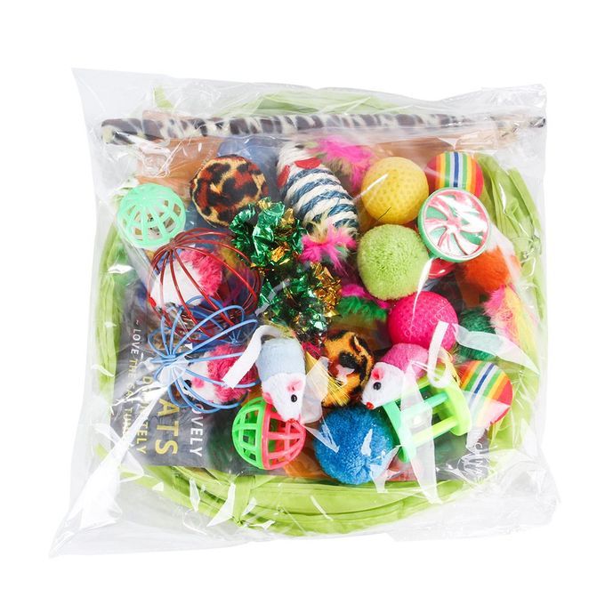 21pcs Cat Toy Two-way Tunnel Fish Interactive Feather Pusher Fluffy Rat Colorful
