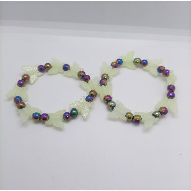 Elastic Glow In The Dark Butterfly Bead Bracelet- Rainbow - 2pcs