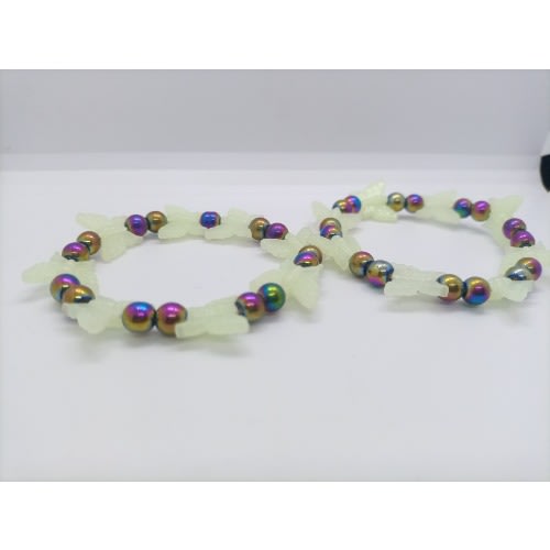 Elastic Glow In The Dark Butterfly Bead Bracelet- Rainbow - 2pcs