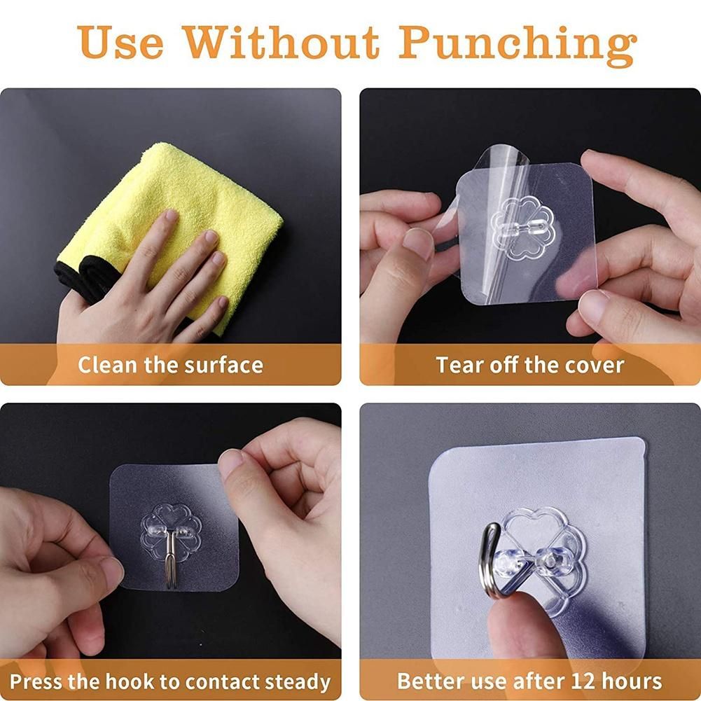 100Pcs Wall Hook,Storage Rack Kitchen Without Nails Transparent Strong Sticky Heavy Adhesive Stainless Steel Wall Hooks