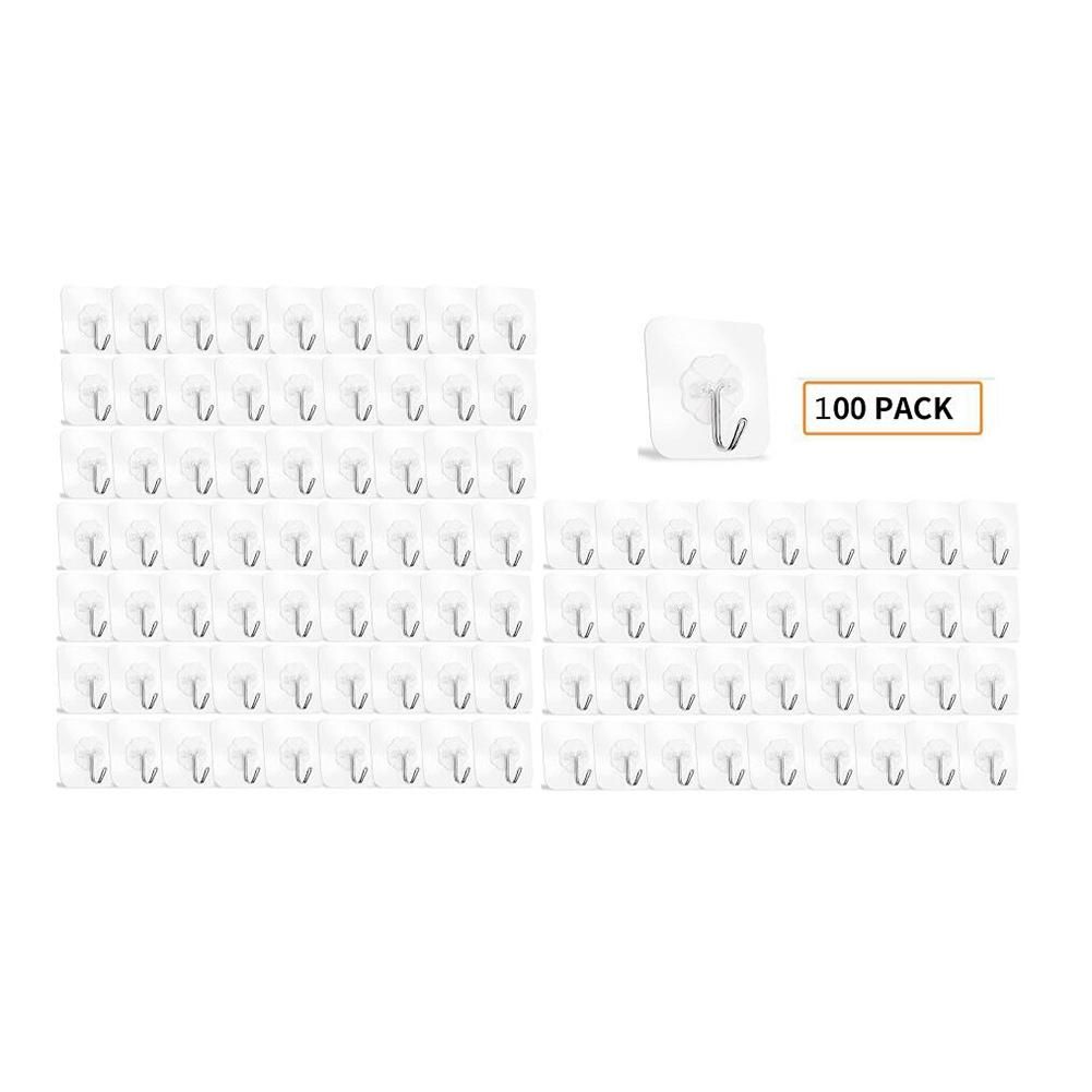 100Pcs Wall Hook,Storage Rack Kitchen Without Nails Transparent Strong Sticky Heavy Adhesive Stainless Steel Wall Hooks