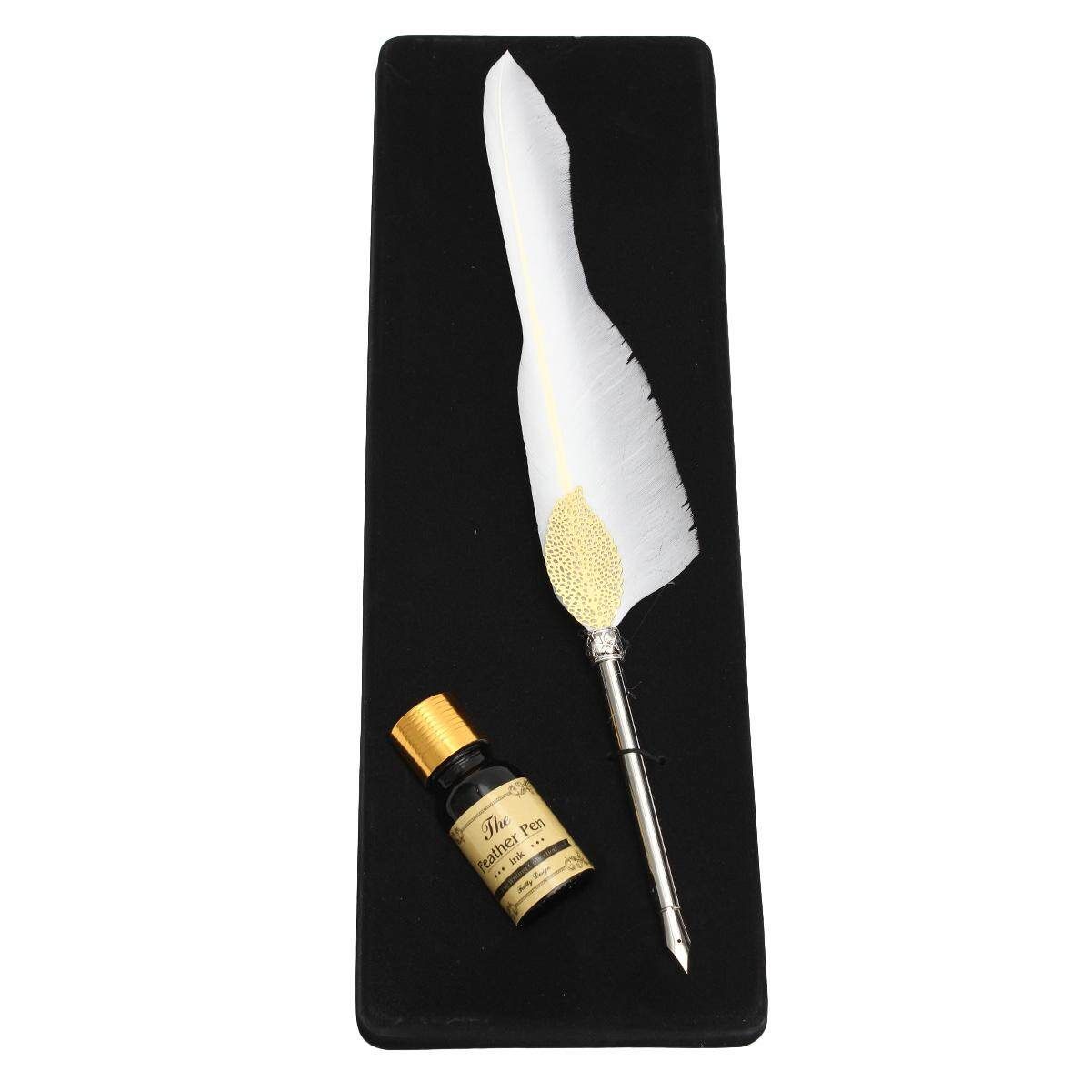 Antique Pure Goose Feather Quill Dip Pen And Ink Set Rare Stationery Gift Box White