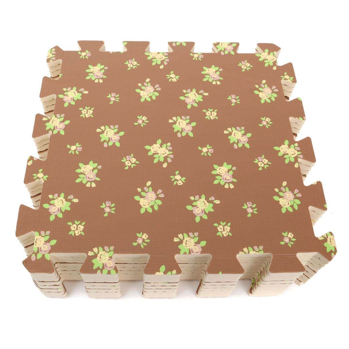 9PCS Wood Interlock EVA Foam Floor Puzzle Pad Work Gym Mat Kid Safety Play Rug Coffee Flower