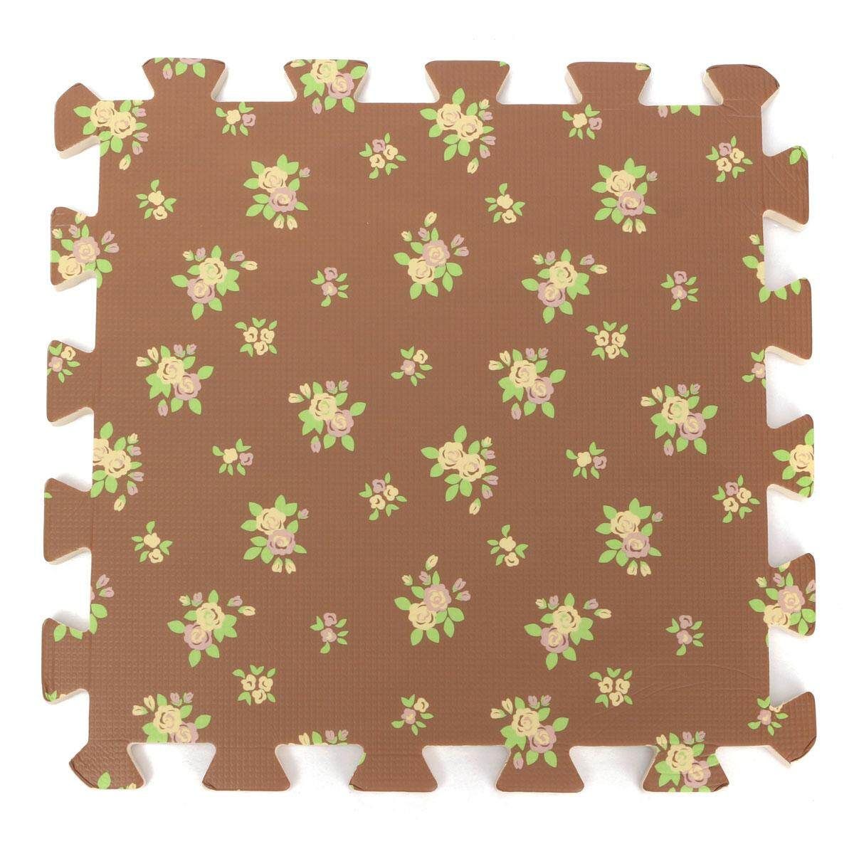 9PCS Wood Interlock EVA Foam Floor Puzzle Pad Work Gym Mat Kid Safety Play Rug Coffee Flower