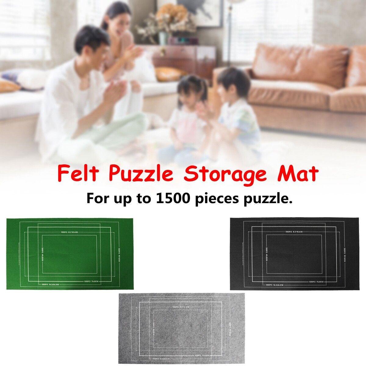 1500 Pieces Of Storage Blanket Felt Puzzle Storage Mat Felt Puzzle Blanket 66X116 -Black/Green/Gray Grey