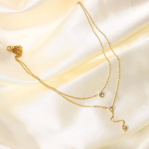 Cute Triple Circle Pendant Crystal Necklace- Gold