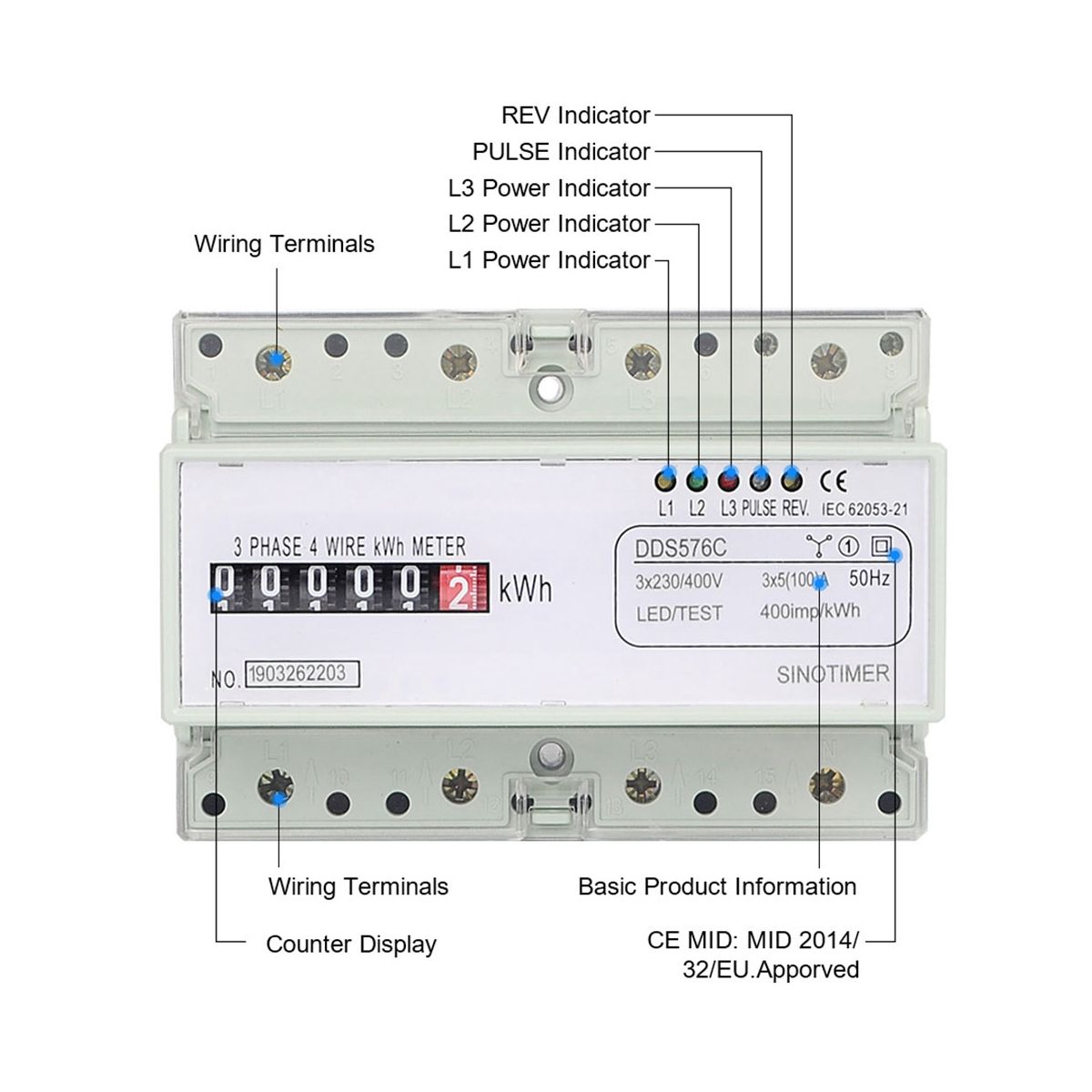 Three Phase 4 Wires Digital Power Electric Electricity Meter KWh Power Consumption Monitor DIN Rail Mount AC 380V 400V B