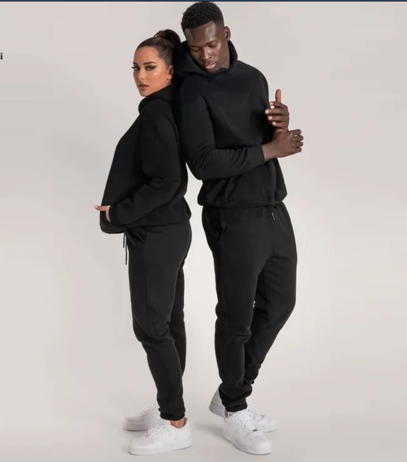 Simple Casual 2 In 1 Sweatshirt Hoodie And Joggers - Couple Up And Down - Black