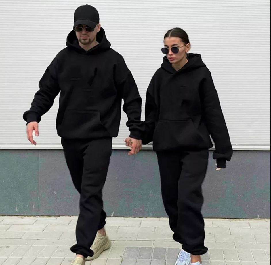Simple Casual 2 In 1 Sweatshirt Hoodie And Joggers - Couple Up And Down - Black