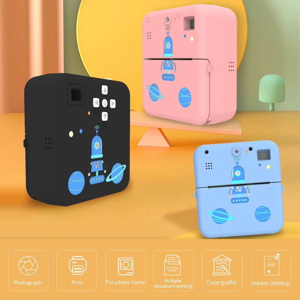 Mini Photo Printer Wireless Thermal Label Printer 1080P Instant Print Camera With 3 Roll Printer Paper For Travel List Work Memo Blue