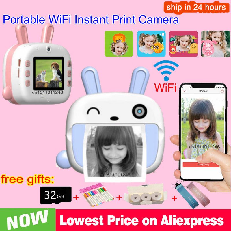 Portable Mini Wifi Child Instant Print Camera Thermal Printing Camera Digital Photo Camera Girl Toy Kid Camera Video Recorder 3 Paper 32G