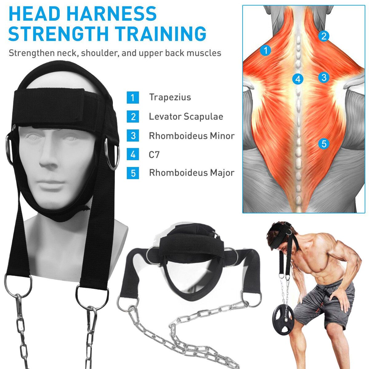 Resilient Trainer Weight Lifting Strength Neck Muscles Builder Adjustable Chain Belt Head Harness Gym Fitness