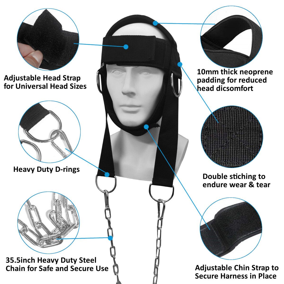 Resilient Trainer Weight Lifting Strength Neck Muscles Builder Adjustable Chain Belt Head Harness Gym Fitness