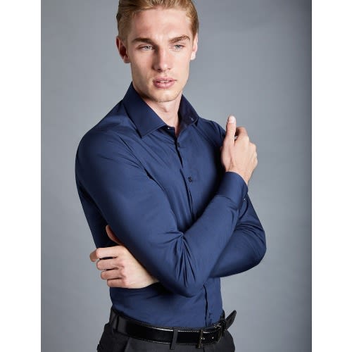 Men's Formal Navy Slim Fit Cotton Stretch Shirt - Single Cuff