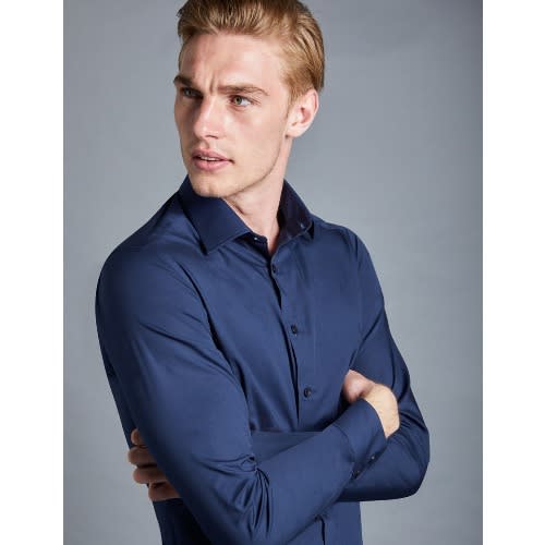 Men's Formal Navy Slim Fit Cotton Stretch Shirt - Single Cuff