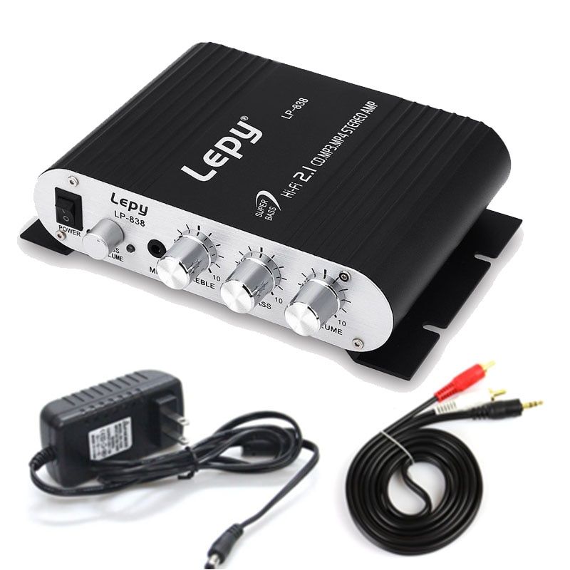 12V3A Power+Audio Cable Lepy LP-838 MINI Digital Hi-Fi Car Power Amplifier 2.1CH Digital Subwoofer Stereo BAudio Player