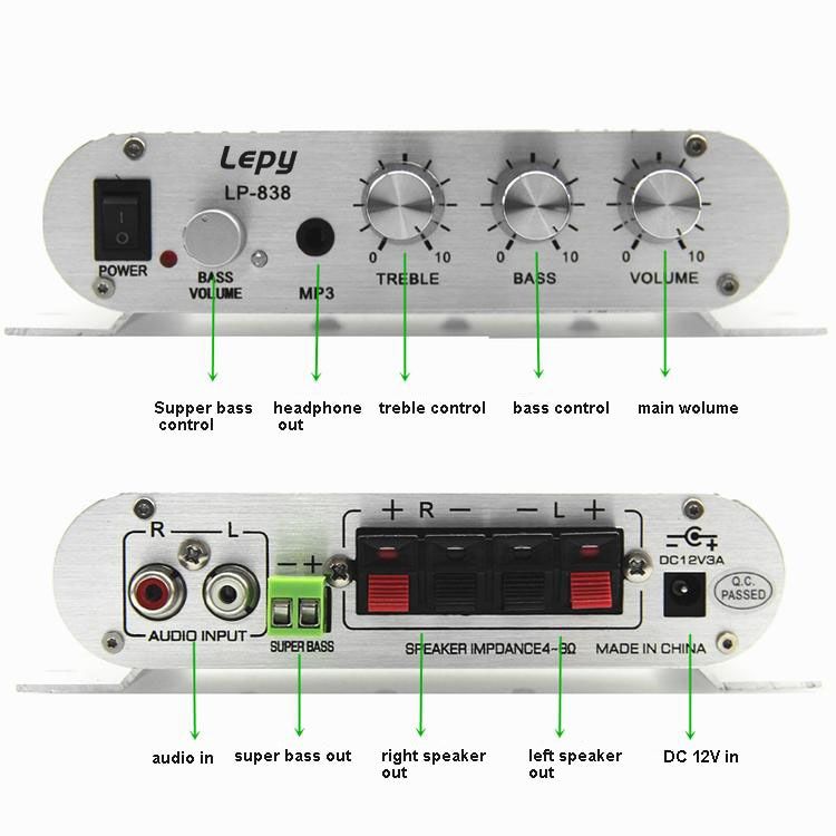 12V3A Power+Audio Cable Lepy LP-838 MINI Digital Hi-Fi Car Power Amplifier 2.1CH Digital Subwoofer Stereo BAudio Player