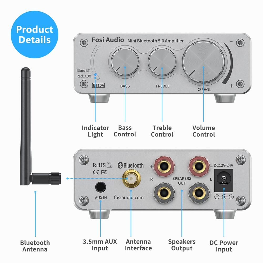 Fosi Audio 10A Bluetooth 5.0 Stereo Amplifier Receiver ClD Mini HiFi Integrated Amp For Speakers 50W*2  Treble & Bass