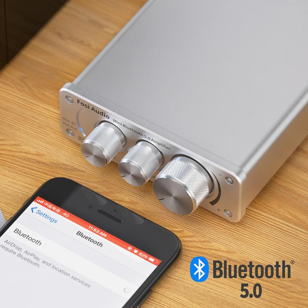 Fosi Audio 10A Bluetooth 5.0 Stereo Amplifier Receiver ClD Mini HiFi Integrated Amp For Speakers 50W*2  Treble & Bass