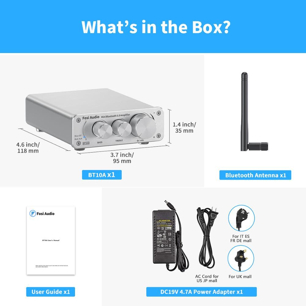 Fosi Audio 10A Bluetooth 5.0 Stereo Amplifier Receiver ClD Mini HiFi Integrated Amp For Speakers 50W*2  Treble & Bass