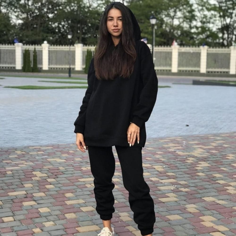 (BLACK)2021 Sport Wear Hoodies Women Streetwear Two Piece Set Tracksuit Outerwear Pullover Suits Fashion Outfits Ropa Mujer Invierno GRE