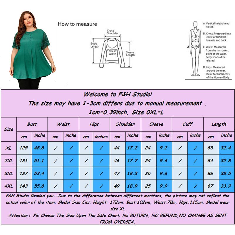 XL-4XL Round Neck Short Sleeve Button Decoration Plus Size Blouse Green 2640