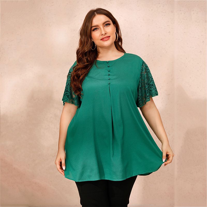 XL-4XL Round Neck Short Sleeve Button Decoration Plus Size Blouse Green 2640