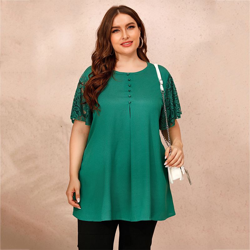 XL-4XL Round Neck Short Sleeve Button Decoration Plus Size Blouse Green 2640