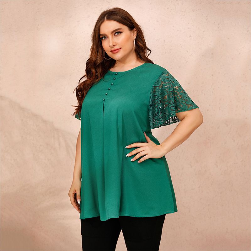 XL-4XL Round Neck Short Sleeve Button Decoration Plus Size Blouse Green 2640