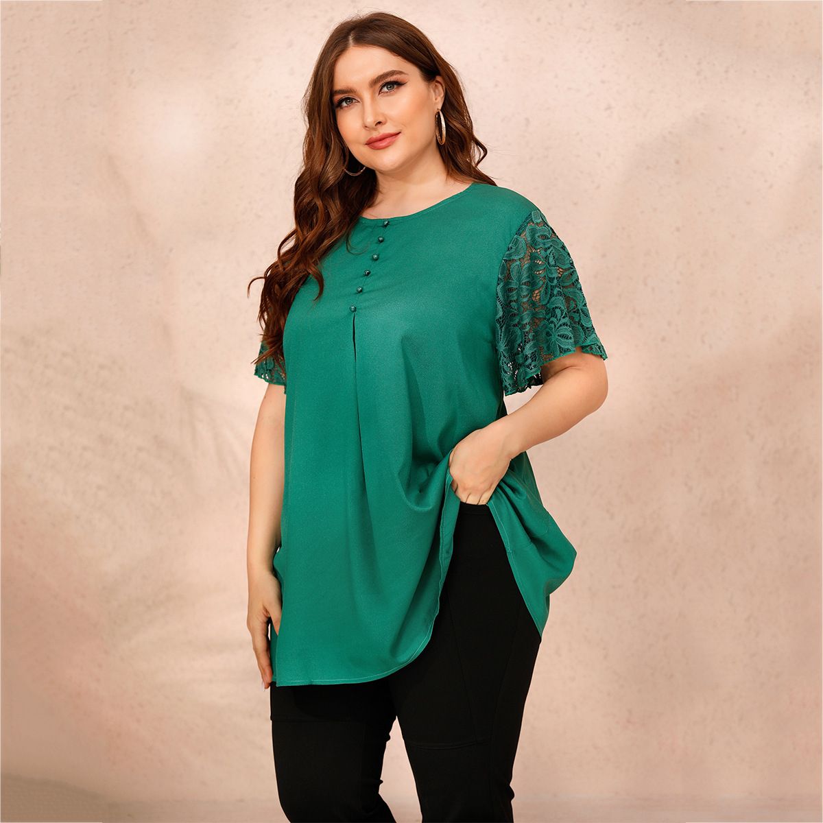 XL-4XL Round Neck Short Sleeve Button Decoration Plus Size Blouse Green 2640