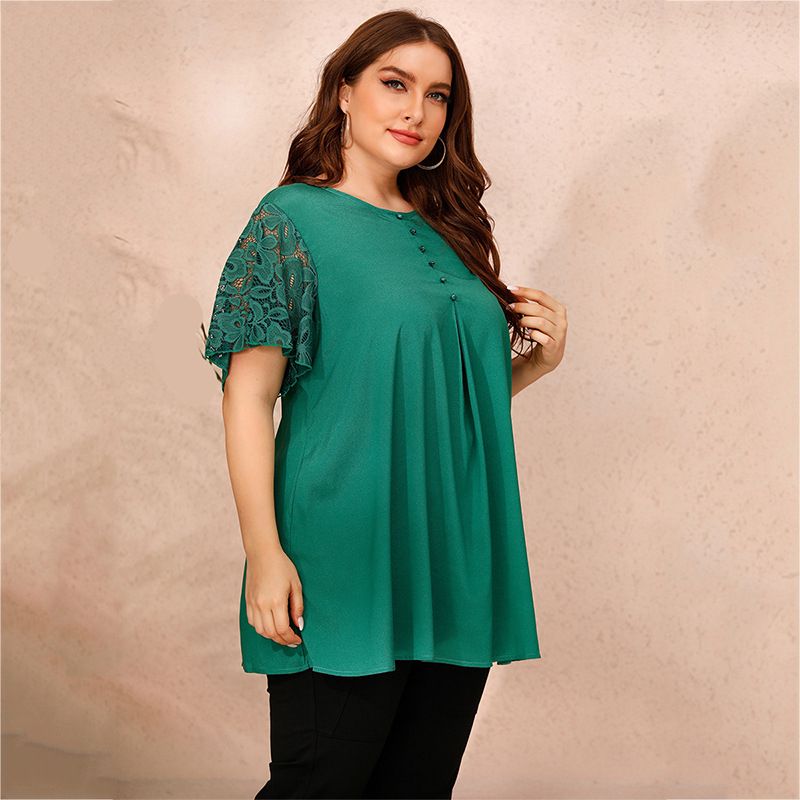XL-4XL Round Neck Short Sleeve Button Decoration Plus Size Blouse Green 2640