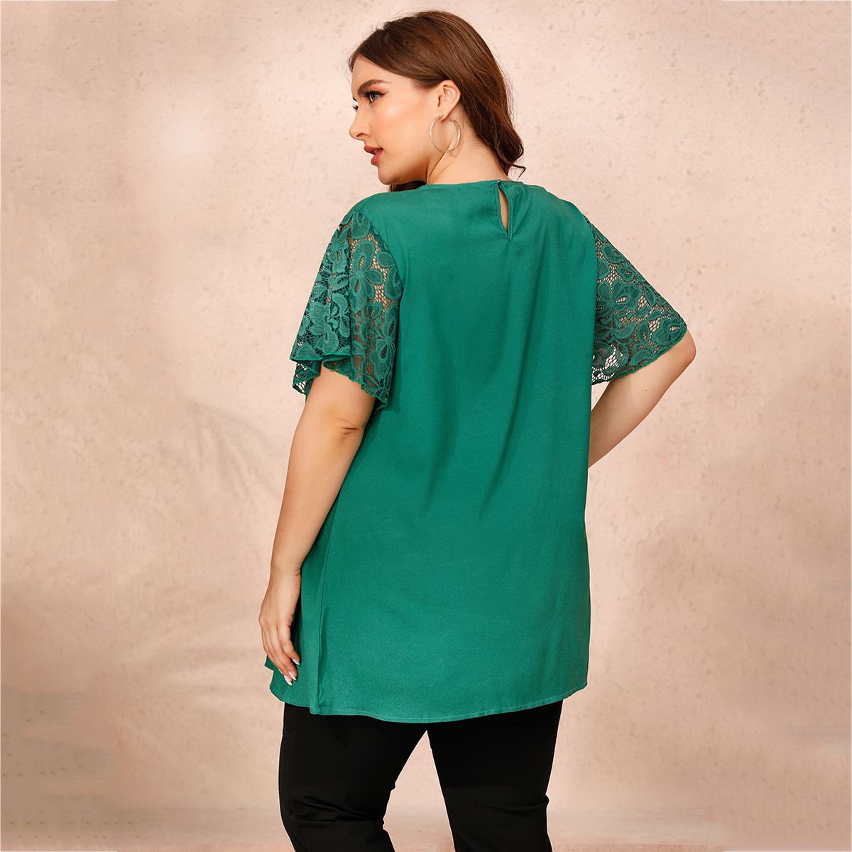 XL-4XL Round Neck Short Sleeve Button Decoration Plus Size Blouse Green 2640