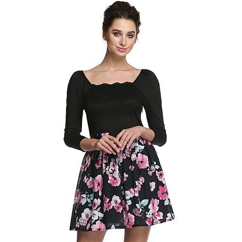 Sweet Elegant Women 3/4 Sleeve Spring Autumn Bottoming Dress-Black