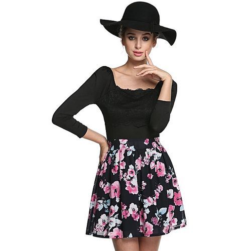 Sweet Elegant Women 3/4 Sleeve Spring Autumn Bottoming Dress-Black