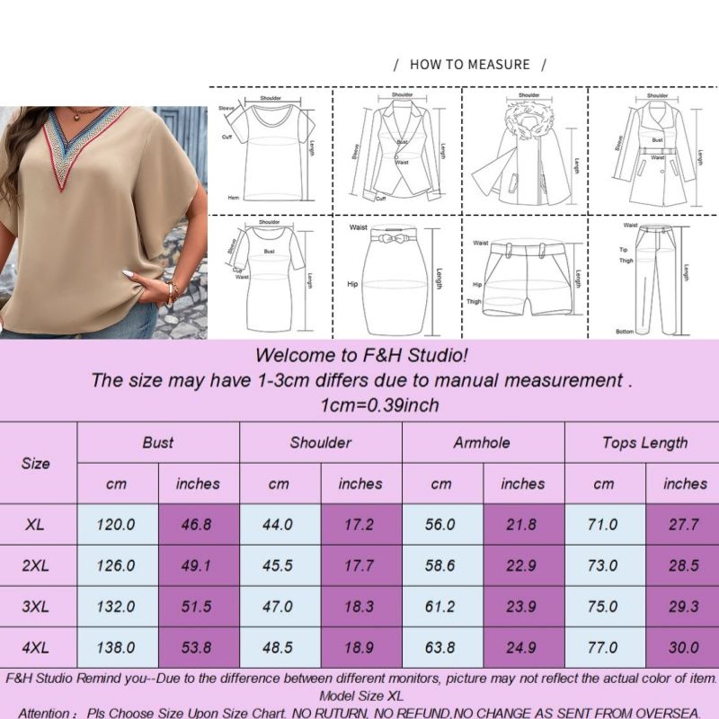 F&H 3607 XL-4XL V Neck Short Sleeve Plus Size Blouse