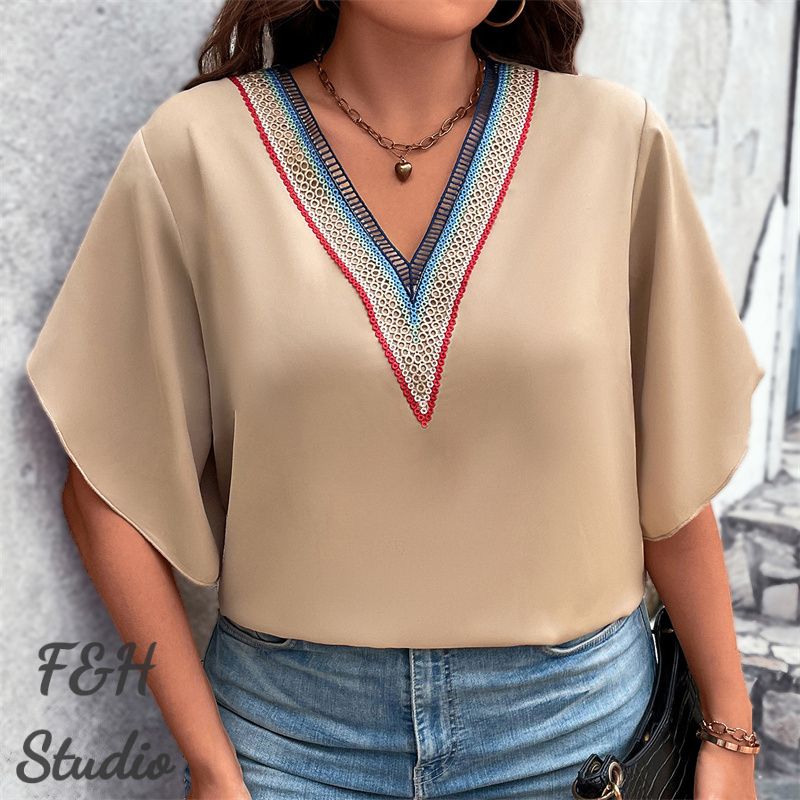 F&H 3607 XL-4XL V Neck Short Sleeve Plus Size Blouse