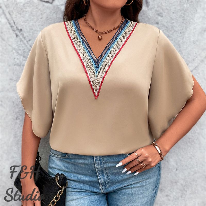 F&H 3607 XL-4XL V Neck Short Sleeve Plus Size Blouse